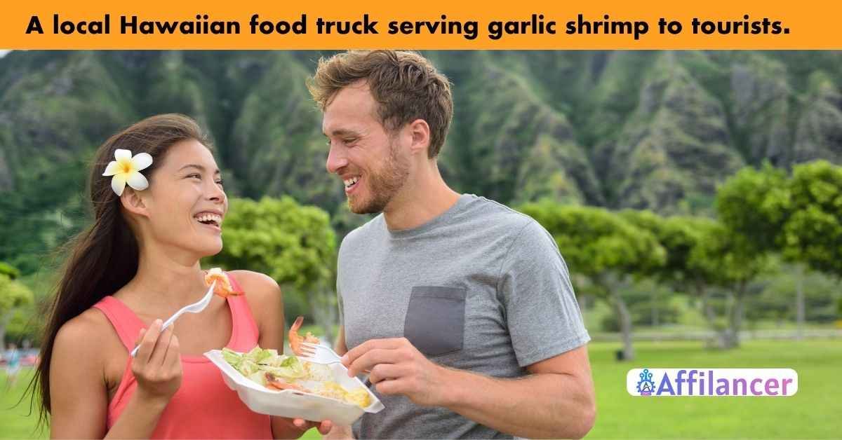 A local Hawaiian food truck serving garlic shrimp to tourists.