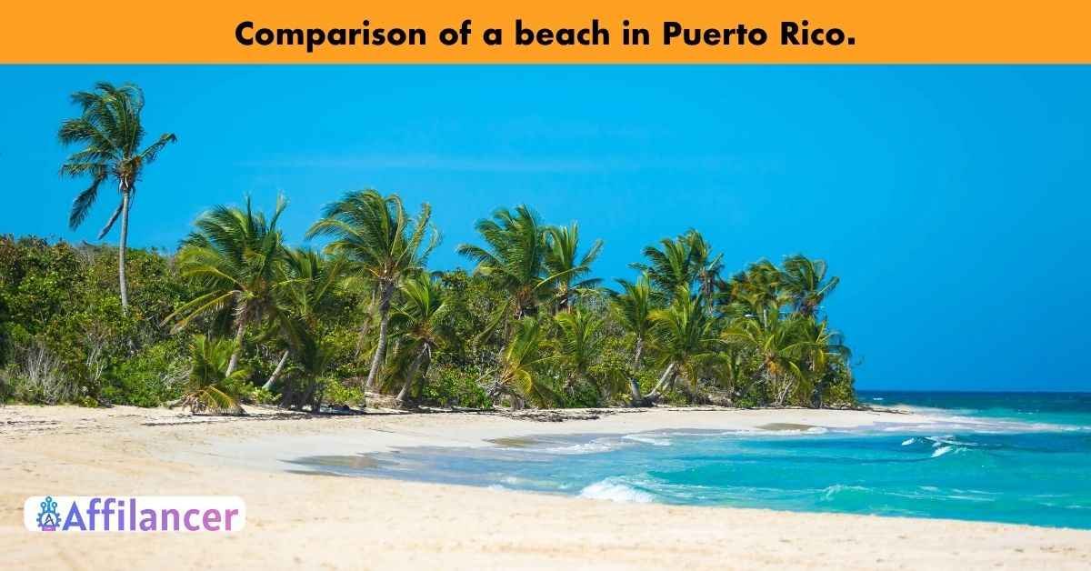 Comparison of a beach in Puerto Rico and the Dominican Republic to show differences in resort styles.